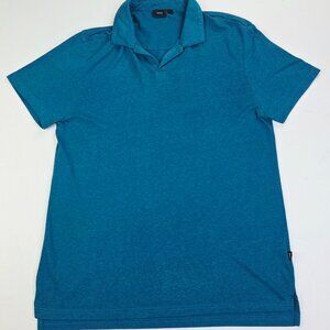 Onia V Neck Hem Logo Size Large Men Teal Short Sleeve Linen Polyester Blend Polo